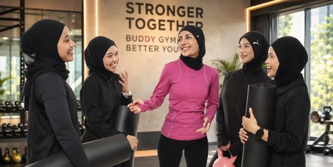 Five women in hijab and activewear chat and laugh beside a gym wall that reads Stronger Together.
